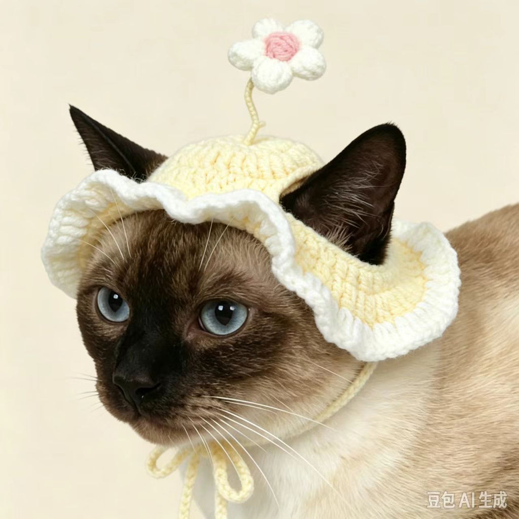 Spring Crochet Cat Hat, Flower Pet Cat Costume, Handmade Pet Accessory