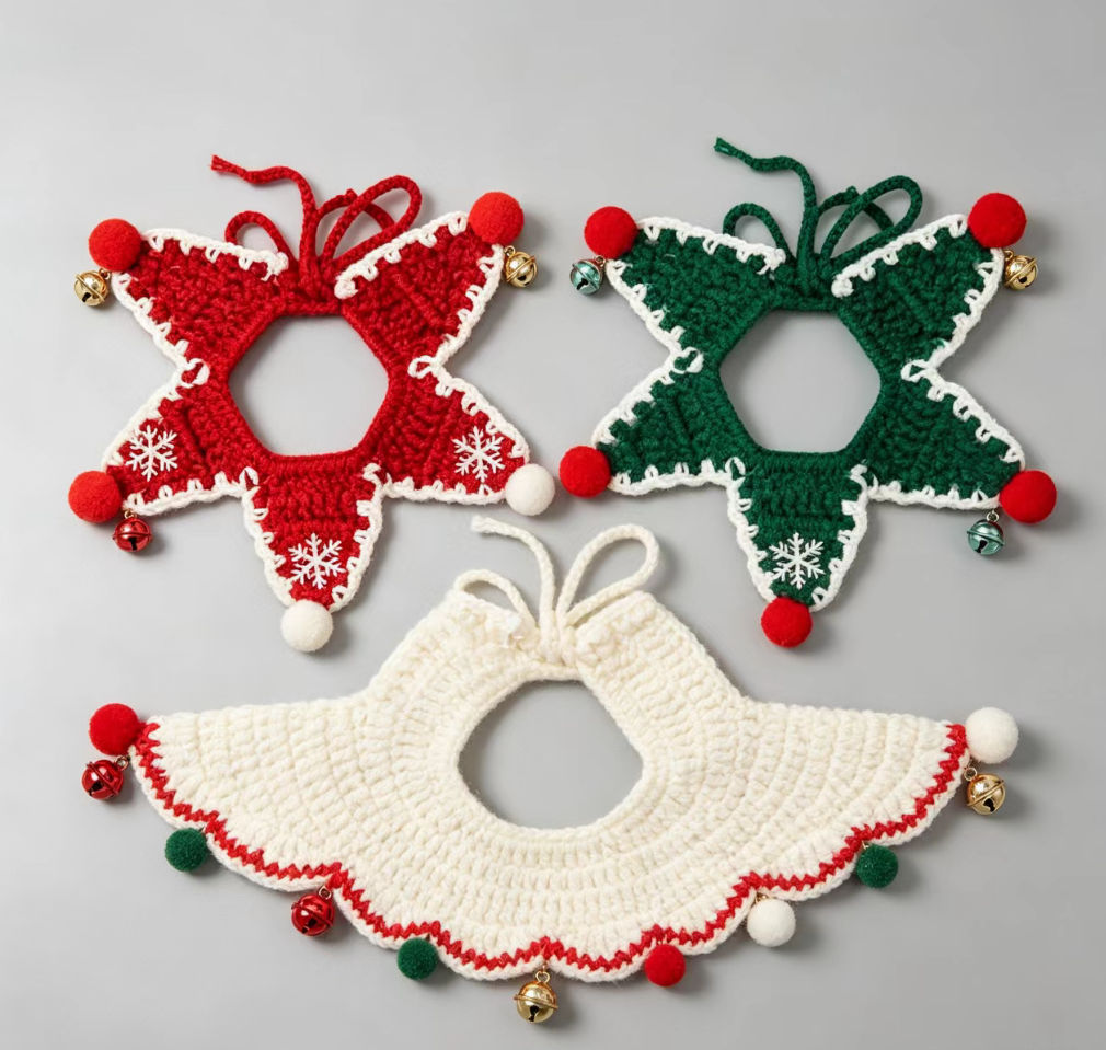 Christmas Crochet Pet Scarf, Cat Dog Bandana, Holiday Pet Accessory