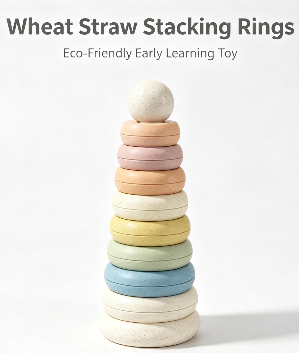Hot Selling Baby Education Learning Toys Bath Colored Wheat Straw Stack Nesting Circles Combined Stacking Ring Tower for Kids