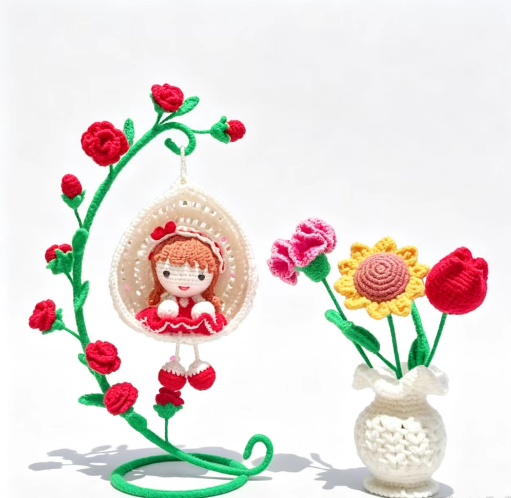 Handmade Crochet Swing Girl Ornament with Flower Vase Set