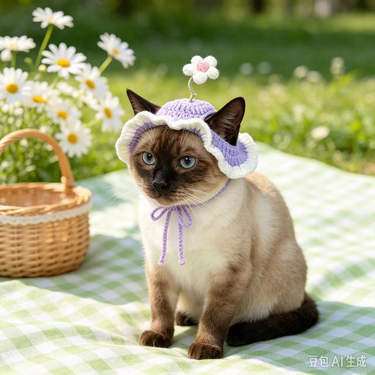 Spring Crochet Cat Hat, Flower Pet Cat Costume, Handmade Pet Accessory