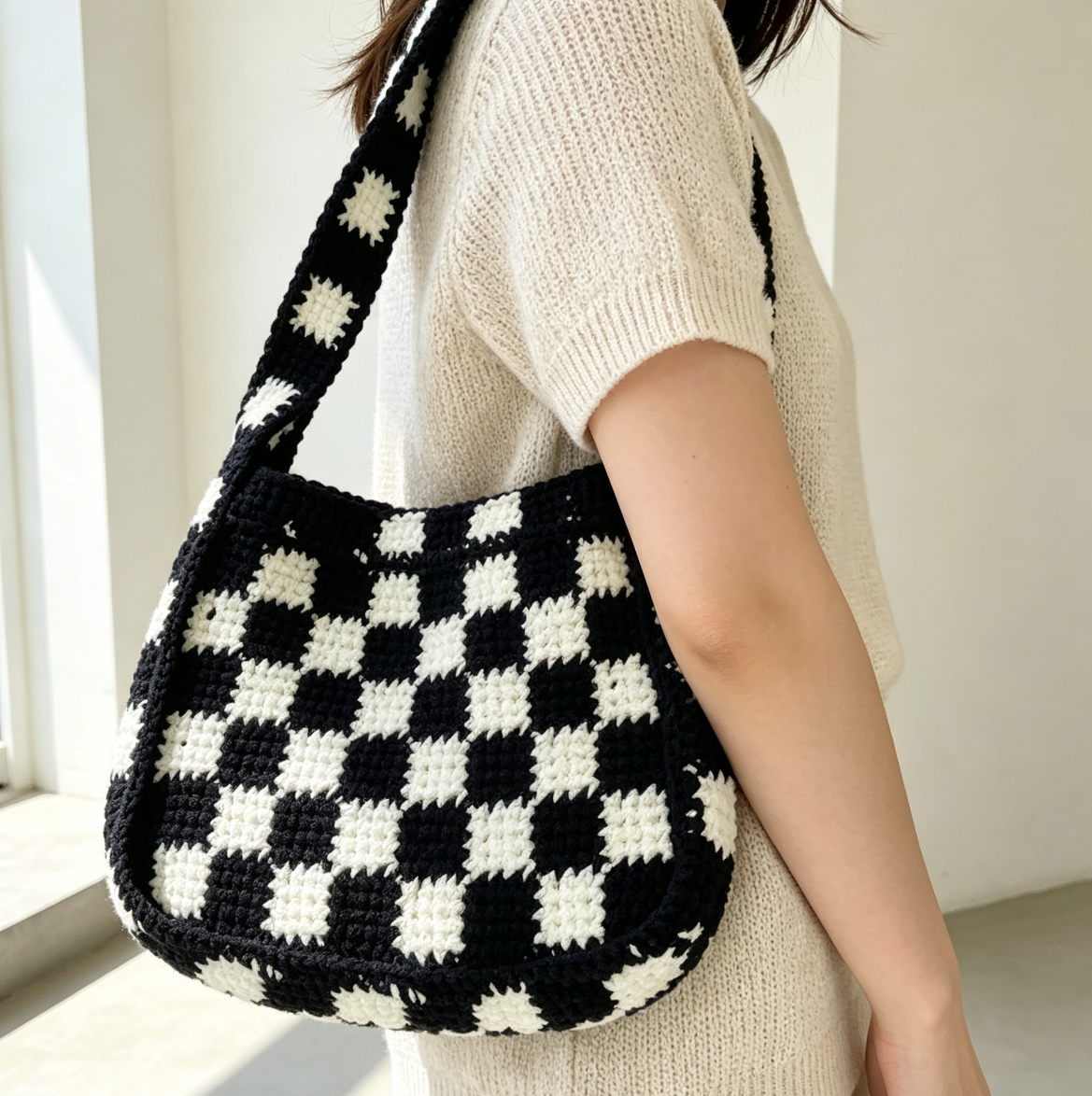 Bolso de playa de ganchillo estilo preppy hecho a mano por diseñador de moda Bolso tote con patrón de tablero de ajedrez personalizable