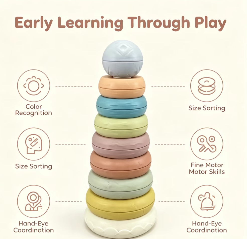 Hot Selling Baby Education Learning Toys Bath Colored Wheat Straw Stack Nesting Circles Combined Stacking Ring Tower for Kids
