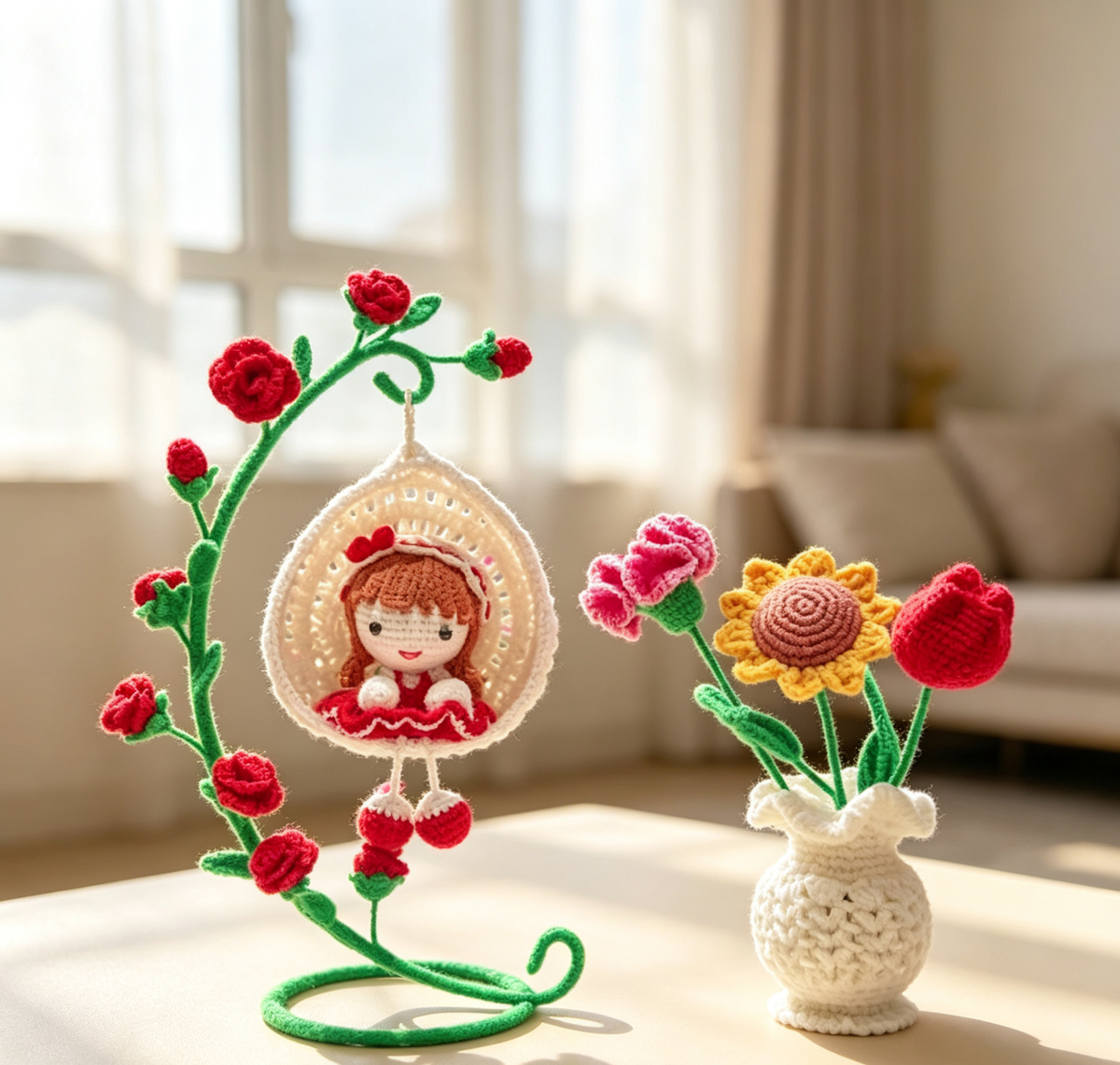 Handmade Crochet Swing Girl Ornament with Flower Vase Set