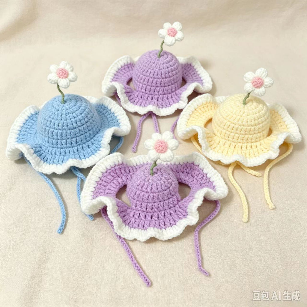 Spring Crochet Cat Hat, Flower Pet Cat Costume, Handmade Pet Accessory