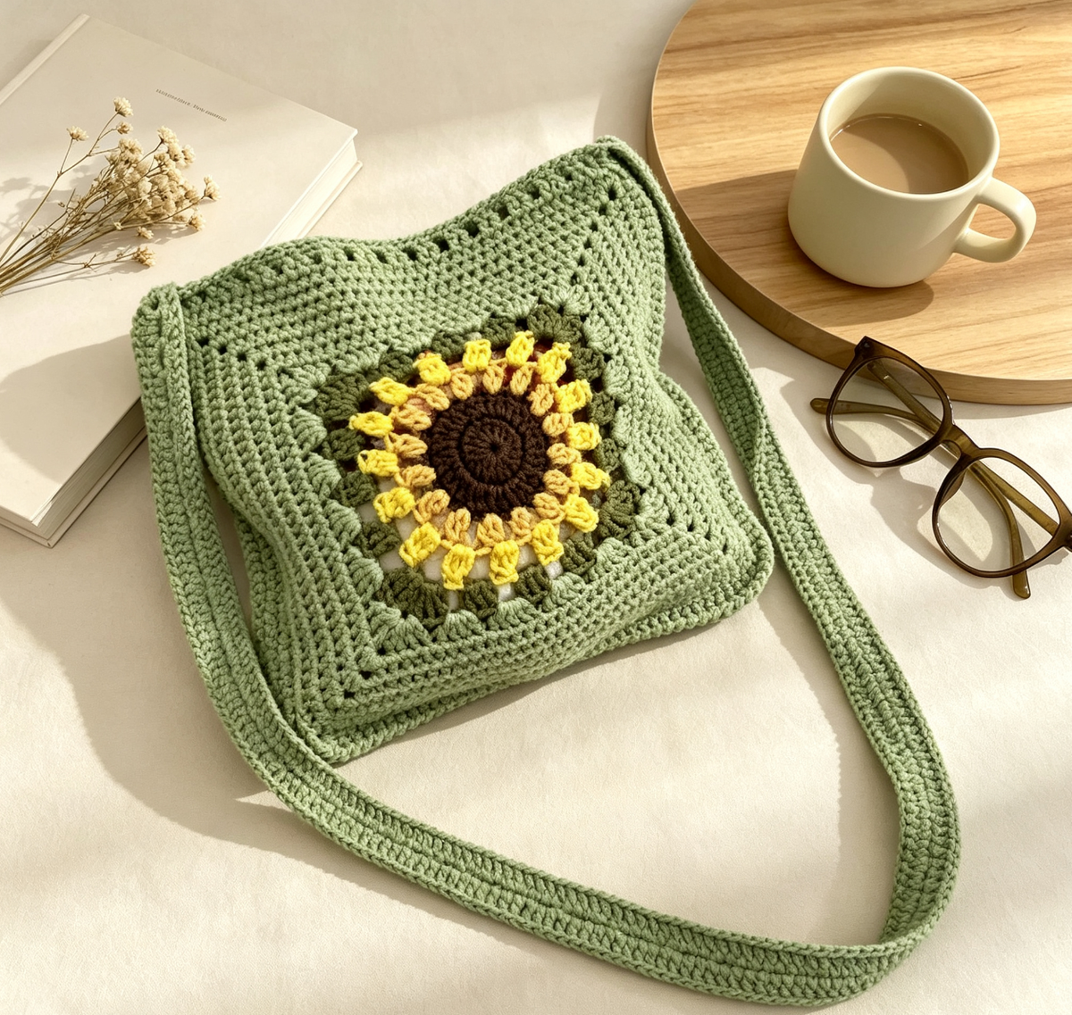 Handmade Crochet Sunflower Crossbody Bag Casual Crossbody Purse for Women