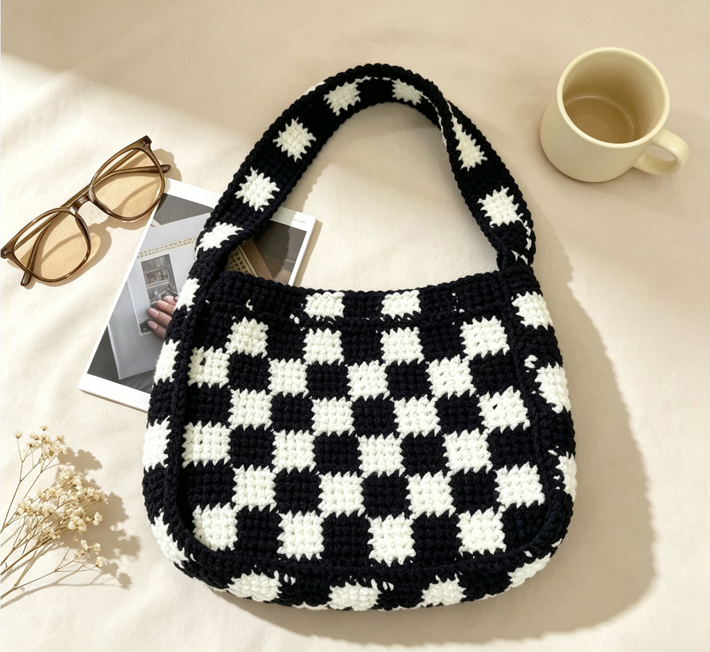Fashion Designer Handmade Preppy Style Crochet Beach Bag  Customizable Chessboard Pattern Tote Bag