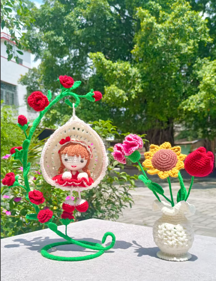 Handmade Crochet Swing Girl Ornament with Flower Vase Set