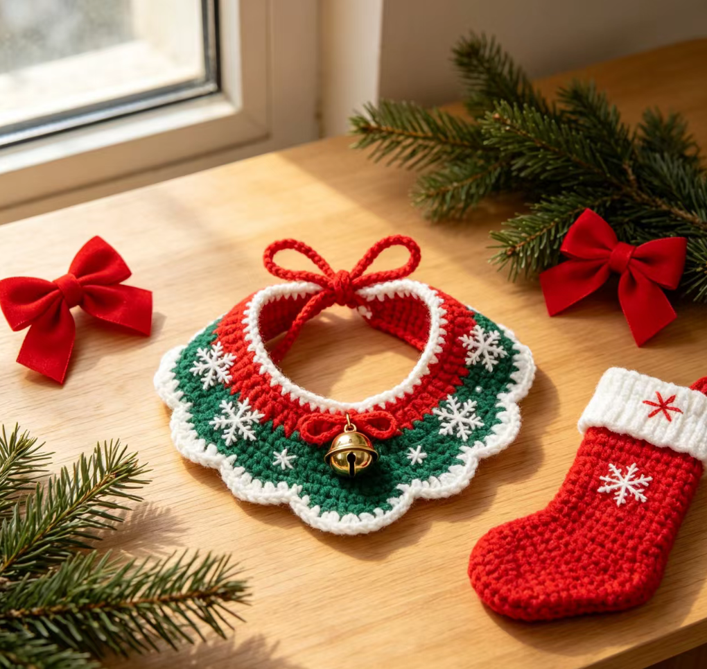 Christmas Crochet Pet Scarf, Cat Dog Bandana, Holiday Pet Accessory