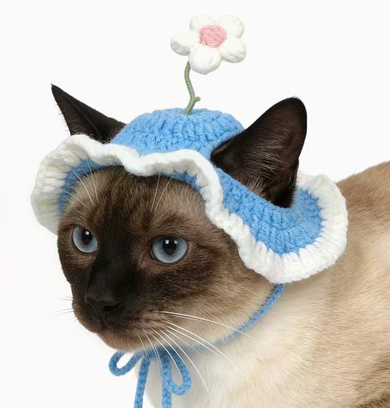 Spring Crochet Cat Hat, Flower Pet Cat Costume, Handmade Pet Accessory