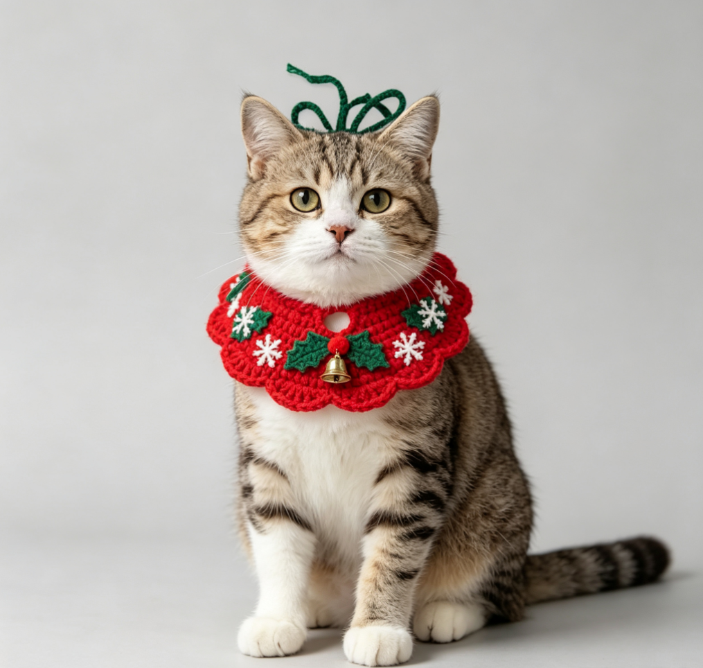 Christmas Crochet Pet Scarf, Cat Dog Bandana, Holiday Pet Accessory