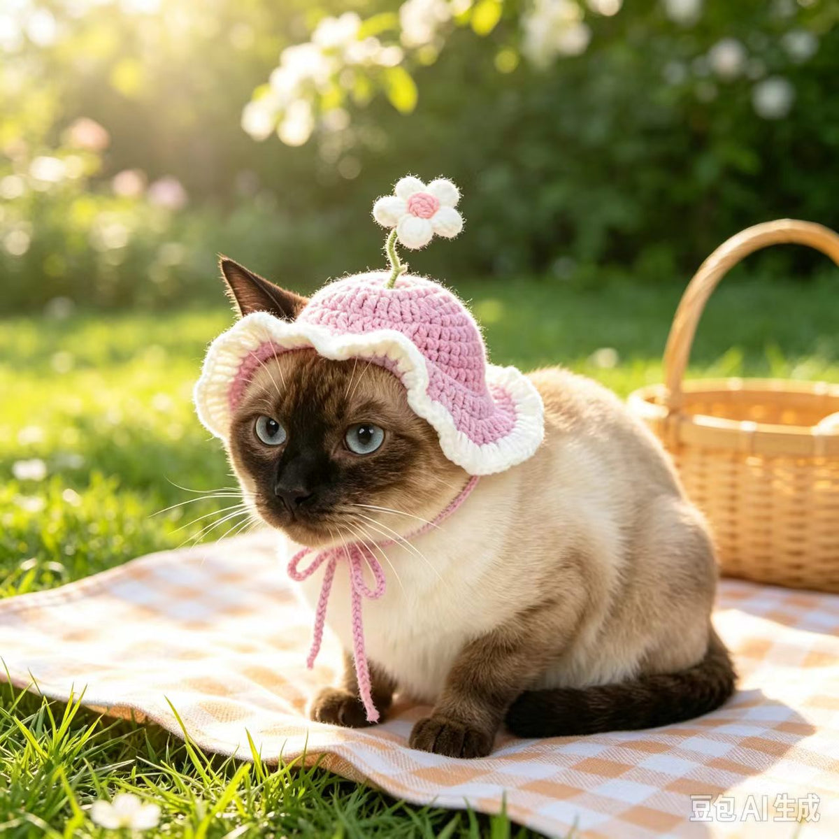Spring Crochet Cat Hat, Flower Pet Cat Costume, Handmade Pet Accessory