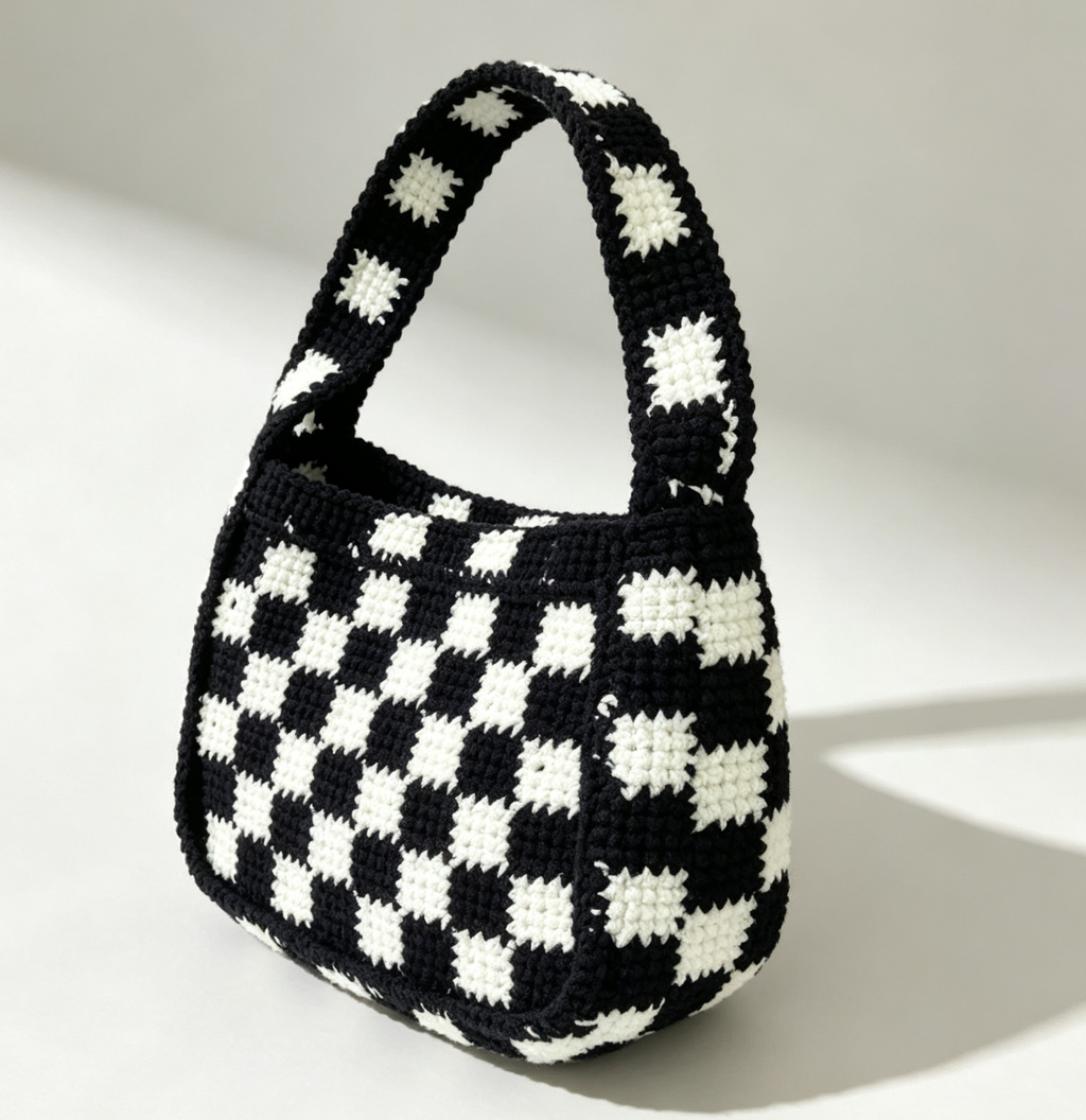 Fashion Designer Handmade Preppy Style Crochet Beach Bag  Customizable Chessboard Pattern Tote Bag