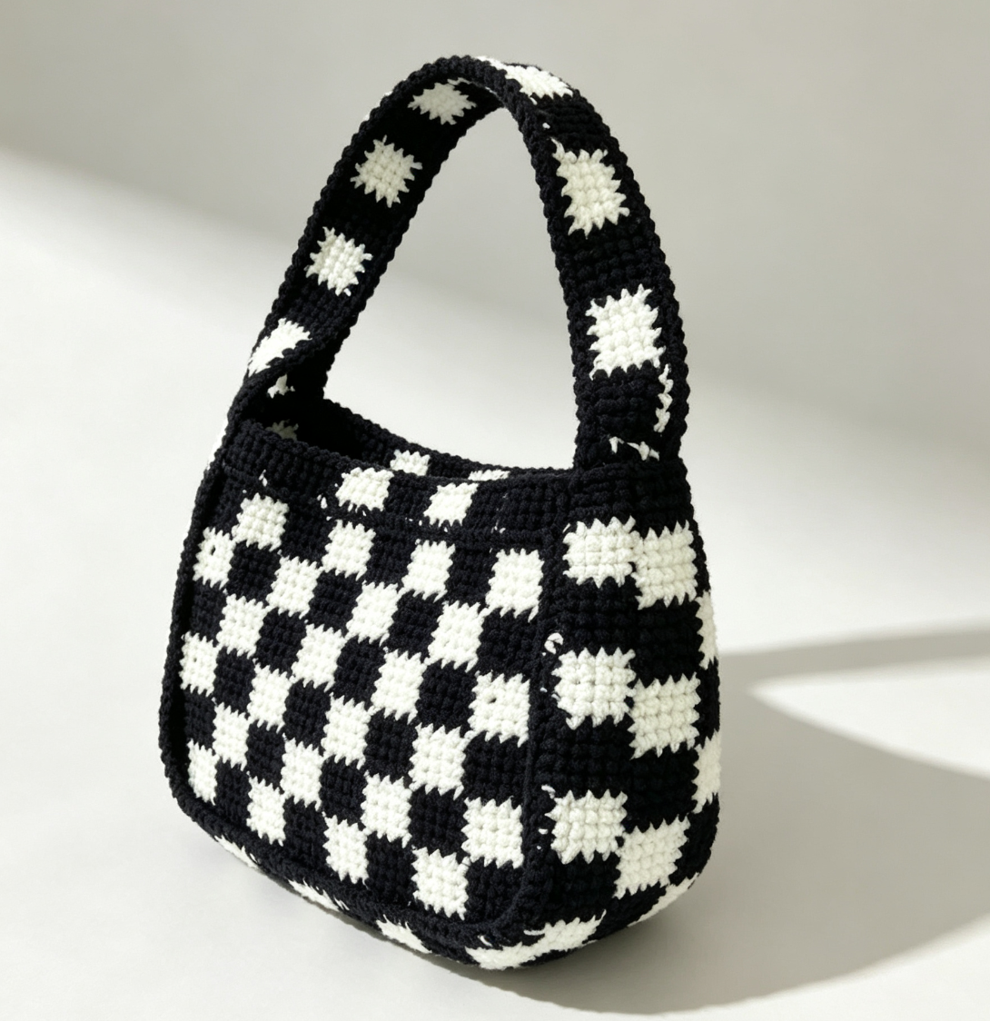 Bolso de playa de ganchillo estilo preppy hecho a mano por diseñador de moda Bolso tote con patrón de tablero de ajedrez personalizable